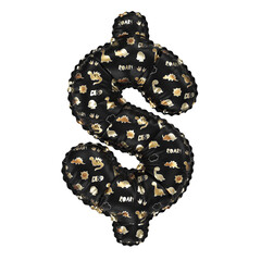 3D inflated balloon Dollar Symbol/sign with glossy black & gold/silver glossy textured dinosaurus design for children