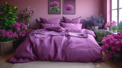 a bed covered in a purple comforter next to a window with potted plants on the side of the bed and a potted plant next to the bed.