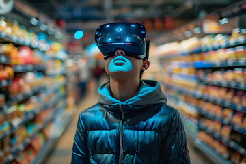 A teenage boy in a supermarket wearing VR glasses. Children and modern technology concept