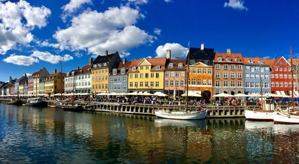Panoramic view of Copenaghen city center with the traditional colorful houses, Denmark