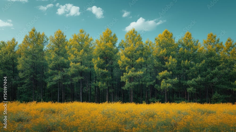 Aufkleber a painting of a field of yellow flowers in front of a row of pine trees with a blue sky and white cl