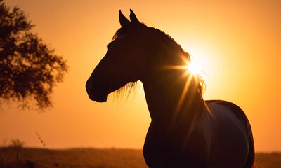 Portrait of a horse in the rays of the setting sun.