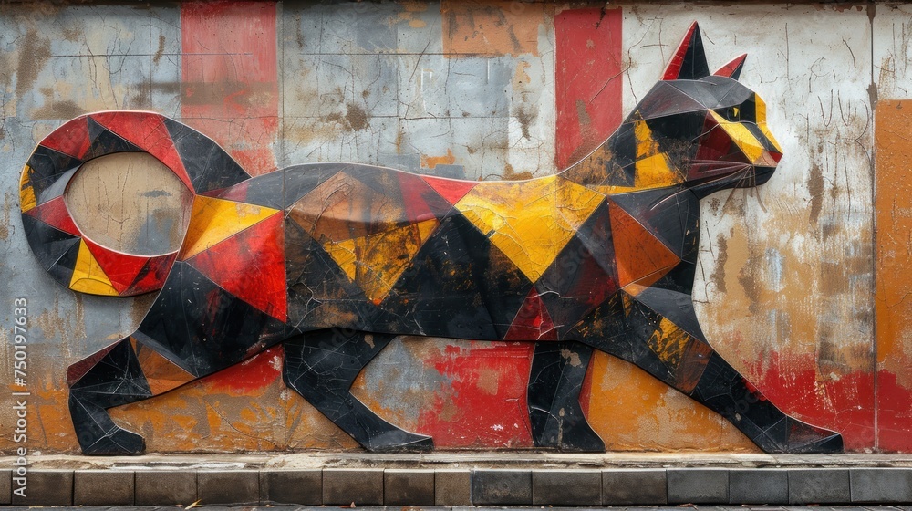 Poster a painting of a cat on the side of a building with a red, yellow, and black cat on the side of the b