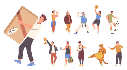 Young man cartoon characters set performing everyday work and leisure activities isolated on white