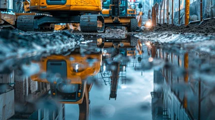 Fotobehang An artistic and moody shot of a construction site showing machinery with reflections in water pools during twilight. © Anton Gvozdikov