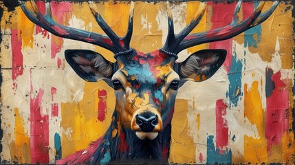  a painting of a deer with large antlers on a yellow, red, blue, and orange background with a black frame on the front of it's head.