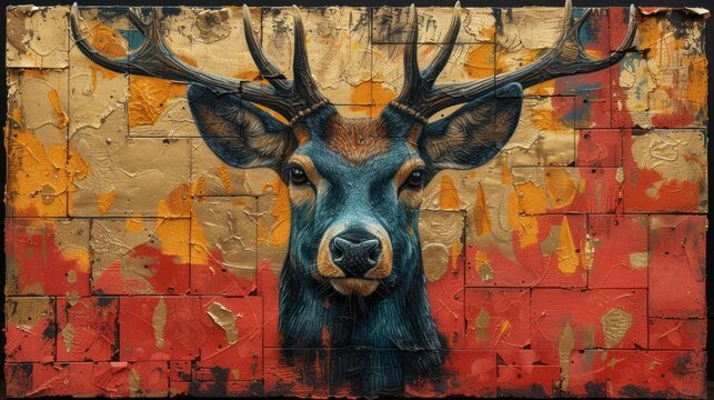  a painting of a deer with antlers on it's head is painted on a brick wall with yellow, red, and orange paint splots on it.