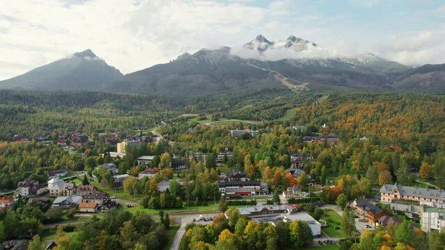 Aerial drone view of Tatranska Lomnica resort town in High Tatras, Slovakia