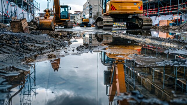 A detailed image of a construction site featuring heavy machinery, building materials, and water puddles reflecting the industrial scenery.