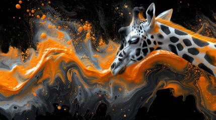  a close up of a giraffe's head with orange and black paint splattered on it's face and neck and neck, with a black background.