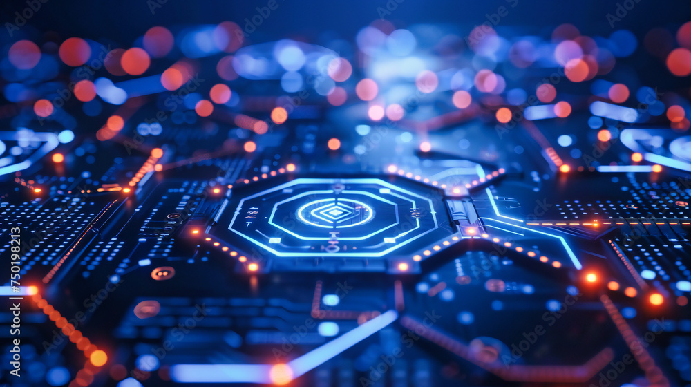 Poster computing and electronic technology, detailed view of a blue circuit board and processor components