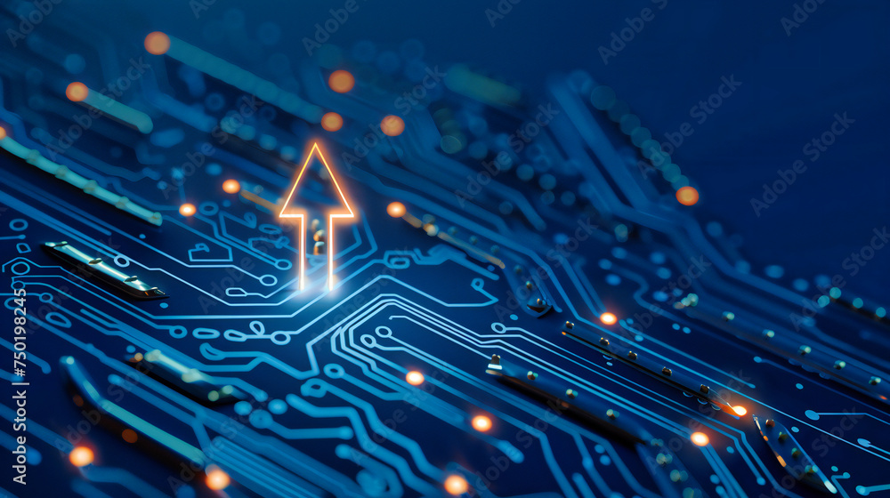 Poster computer technology close-up, abstract circuit board with blue digital patterns, concept of modern h