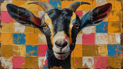  a close up of a painting of a goat's head on a wall with a checkerboard pattern in the background 