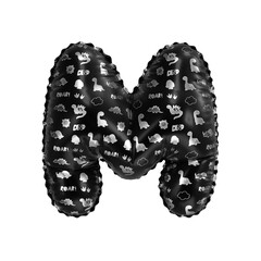 3D inflated balloon letter M with glossy black & silver fabric textured dinosaurus design for children