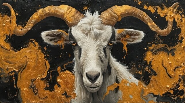  a painting of a goat with long horns and gold paint splatches on it's face and body, in front of a black background with gold and white swirls.
