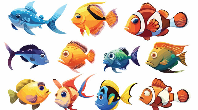 Fish different poses cartoon set isolated illustrati