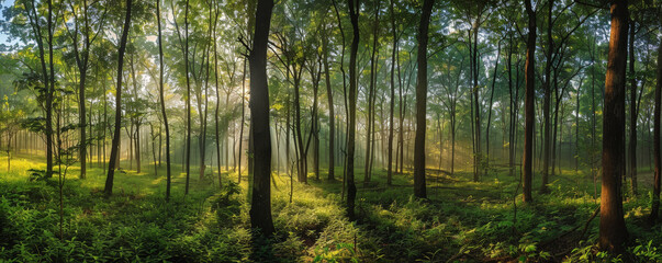 Majestic Sunrise Peeking Through the Vibrant Green Foliage of a Quiet Forest