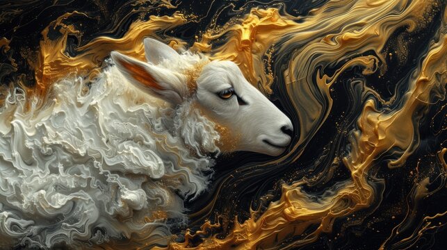  a painting of a white sheep with yellow swirls on it's face and a black background 
