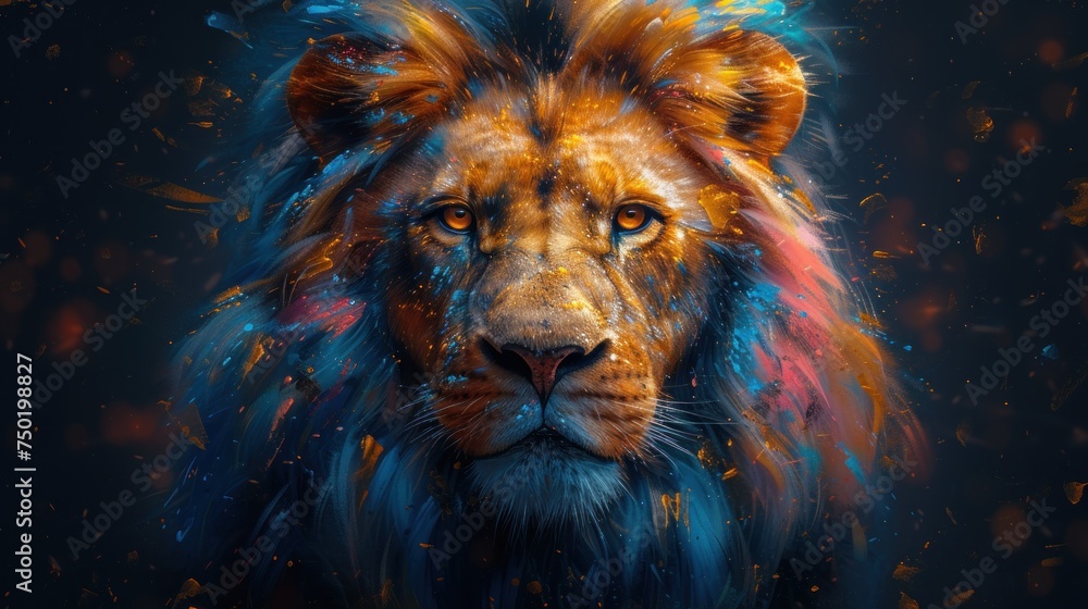 Poster a close up of a lion's face with colorful paint splattered on it's face and a black background with 