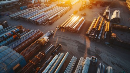 Obraz premium Aerial view of a vast industrial warehouse area filled with stacks of pipes and steel materials bathed in the warm glow of a setting sun.