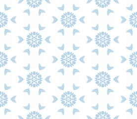 Light blue and white vintage seamless pattern. Floral ornamental monochrome damask background