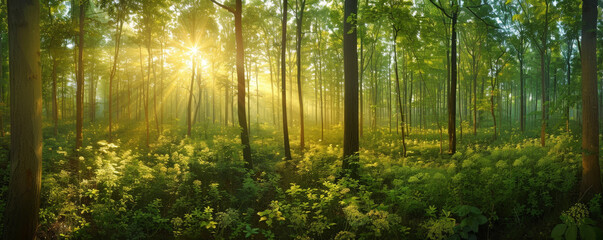 Majestic Sunrise Peeking Through the Vibrant Green Foliage of a Quiet Forest