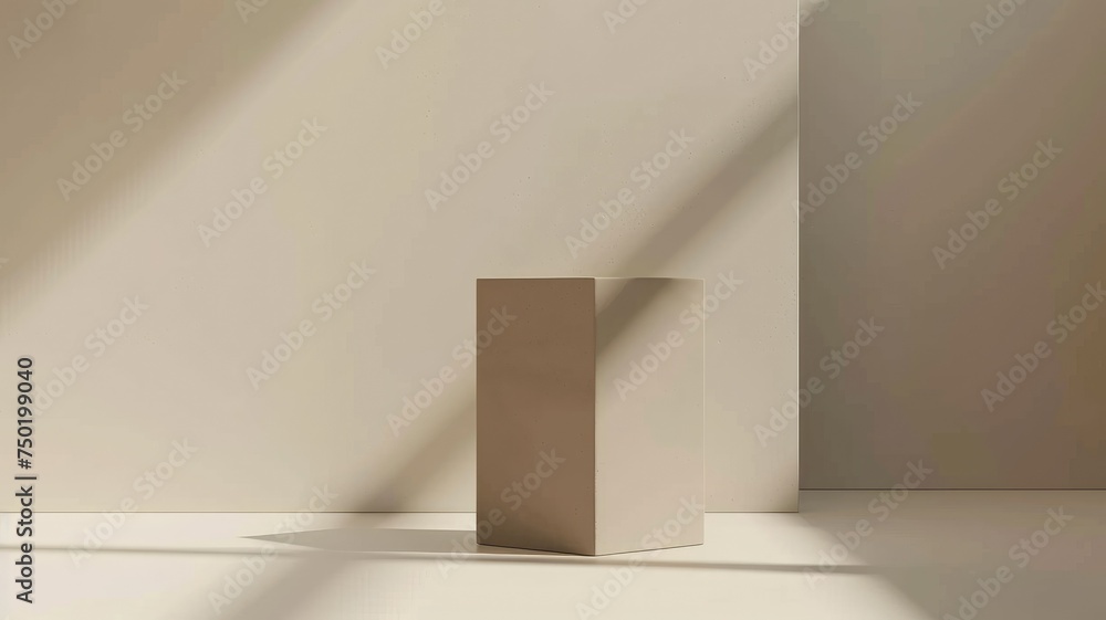 Poster Minimalistic beige block with shadows on wall - A beige rectangular block casting sharp shadows on a white background with clear geometric patterns