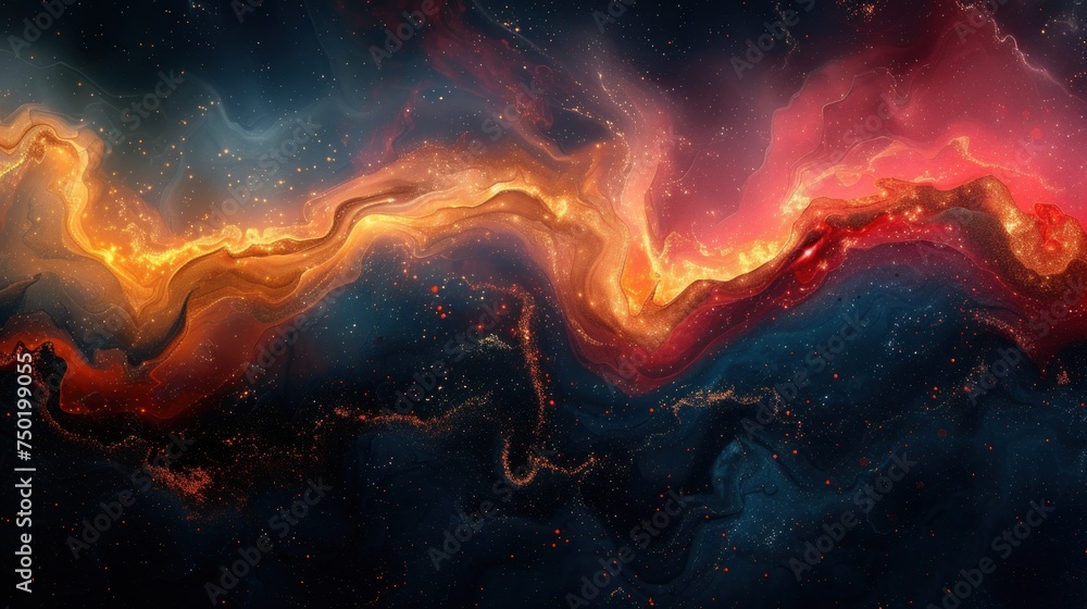 Poster a computer generated image of a red, yellow, and blue swirl in the center of a space filled with sta
