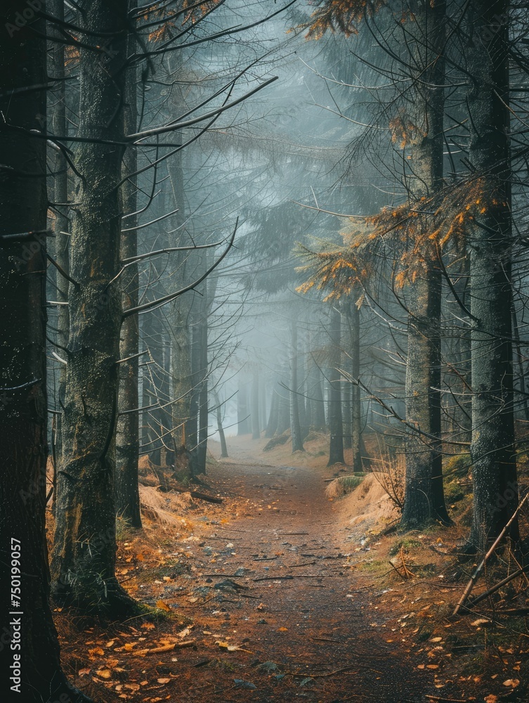 Poster Misty forest path with autumn leaves - A tranquil scene of a misty forest with a path lined by trees shedding their autumn leaves
