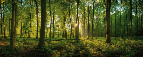 Fototapeta na wymiar Majestic Sunrise Peeking Through the Vibrant Green Foliage of a Quiet Forest