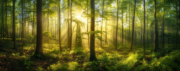 Fototapeta na wymiar Majestic Sunrise Peeking Through the Vibrant Green Foliage of a Quiet Forest