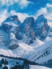 Majestic snow-covered peaks under blue sky - This stunning image captures towering mountains draped in snow against a vivid blue sky, showcasing the pristine beauty of nature