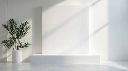 Modern plant and white display plinth - Modern interior with a green plant in white pot beside a minimalist white display plinth in a sunlit room
