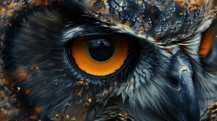  a close - up of an owl's eye with orange and yellow flecks on it's feathers and the upper part of it's head. - obrazy, fototapety, plakaty