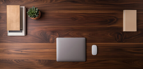 Elegant Home Office Setup with Modern Laptop on Wooden Desk, copy space