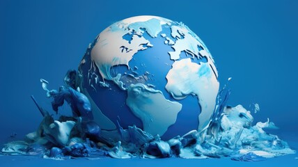 Planet Earth engulfed in blue splashes - A conceptual image of Planet Earth with vivid blue paint splashes representing global issues