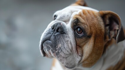 Obraz premium Portrait of a bulldog looking upwards - Sharp and detailed image of a bulldog gazing up, showing longing and curiosity in its eyes