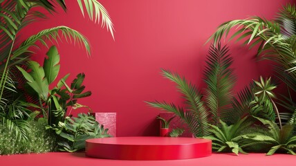 Red product display podium with tropical foliage - Bold red 3D rendered podium for product display accented by vibrant green tropical plants