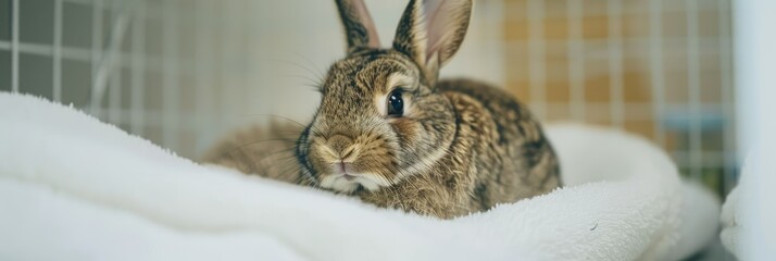 Obraz premium Rabbit relaxed on soft white fabric - A relaxed, domesticated rabbit lying comfortably on a plush white surface, giving a sense of softness and serenity