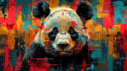  a painting of a panda bear's face with multicolored paint splatches on it's face and a red, yellow, blue, green, orange, yellow, red, and blue, and black background.