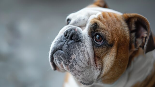 Portrait of a bulldog looking upwards - Sharp and detailed image of a bulldog gazing up, showing longing and curiosity in its eyes