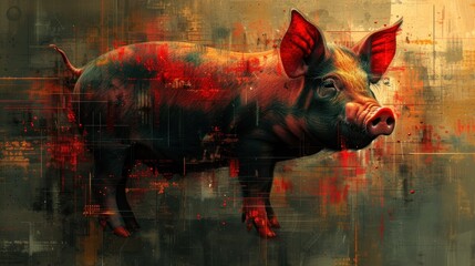  a painting of a pig with red paint splatters all over it's face and neck, with a black background and a yellow rectangle in the middle of the pig's foreground.
