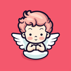 Vector illustration of a cute cherub, angel, 
Seraphim, Celestial creature adorable biblical character, pink background for stickers, coloring book, printing, laser cutting