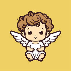 Vector illustration of a cute cherub, angel, 
Seraphim, adorable biblical character, yellow background for stickers, coloring book, printing, laser cutting