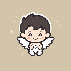Vector illustration of a cute cherub, angel, 
Seraphim, adorable biblical character, beige background for stickers, coloring book, printing, laser cutting
