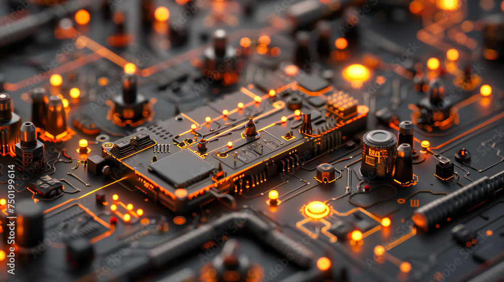 Poster close-up of computer motherboard, illustrating the complexity and precision of modern electronic and