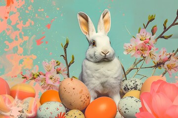 Rabbit with Easter eggs and spring flowers. Digital art collage. Design for poster, banner, social media. Easter celebration and springtime concept