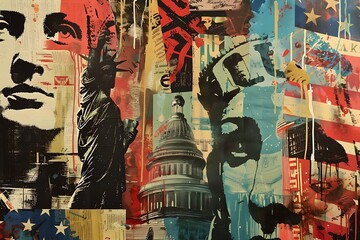 Collage with American symbolism and political figures. Pop art style digital collage. American culture and history concept. Design for poster, banner, social media. Flag of the United States - obrazy, fototapety, plakaty
