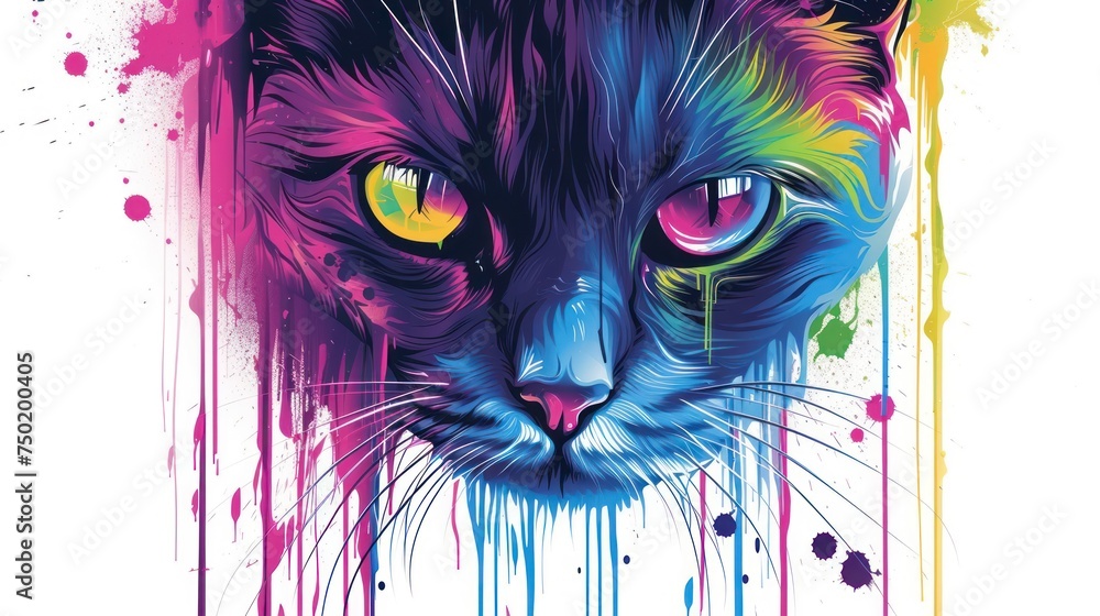 Poster a close up of a cat's face with multicolored paint splatters on the side of the cat's face and the c