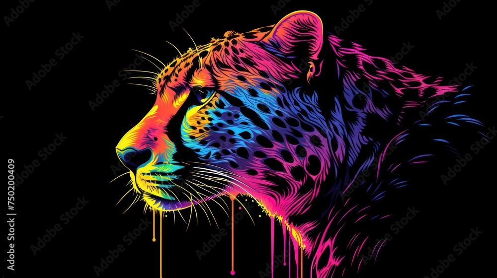 Poster a colorful cheetah on a black background with paint splattered on it's face and the colors of the ch
